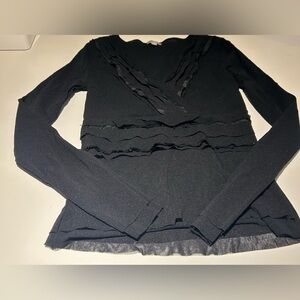 NAF NAF Black Long-Sleeve V-Neck Ruffle Trim Top